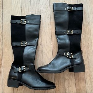 NWOT COLE HAAN "Avalon" Black Leather Knee Boots with Gold Buckles size 6.5